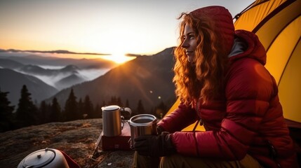 A happy smiling woman sits near a tent in an outdoor camping