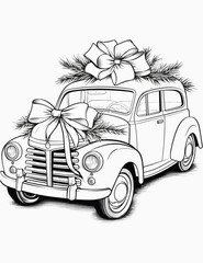 Christmas cute gift car coloring pages for kids and adult, Coloring book with vintage floral vector illustration, 
