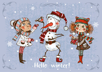 Hello winter. Cute girls with a funny snowman. Victor.