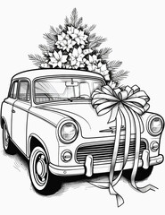 Christmas cute gift car coloring pages for kids and adult, Coloring book with vintage floral vector illustration, 