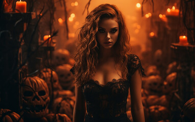 Fototapeta premium portrait of gothic woman on halloween background with skeletons and candles