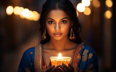closeup portrait of beautiful indian woman holding diyas or clay lamps during diwali in India.