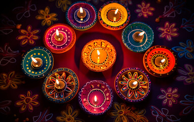 Diwali, Hindu festival of lights celebration. top view on Traditional oil lamps on flowers background
