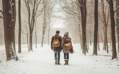 Couple taking stroll in winter forest - obrazy, fototapety, plakaty