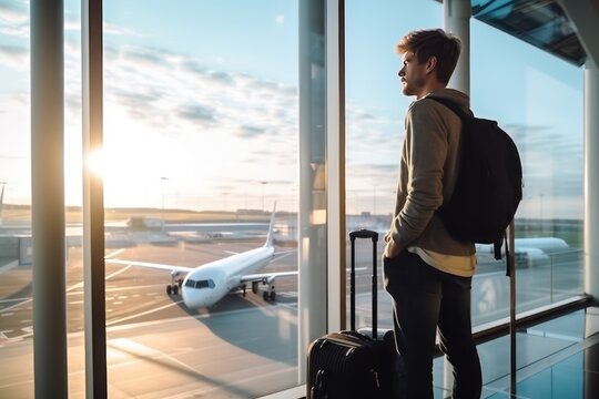 A young Caucasian man waits for the boarding announcement for his flight while watching planes land and take off through a large panoramic window in the airport terminal. Photo with copy space.