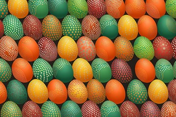 Colorful Easter egg backdrop with green, orange, and red polka dot patterned eggs. Digitally created. Generative AI