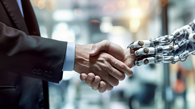 Greeting between a human arm and a robot. Shake hands between a human and an android.. represents the collaboration between people and robotic technology.  Generative Ai