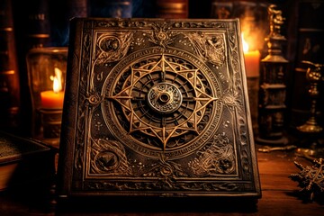 Vintage book displaying ancient alchemy symbols against a dark background. Generative AI