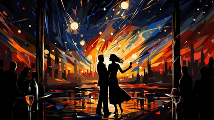 Fototapeten illustration of couple of silhouettes in front a night urban landscape © Noelia