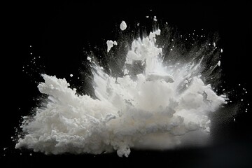 Slow-motion footage shows a white powder explosion in high speed, against a black background. Generative AI
