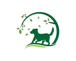 Healthy dog with green tree vector illustration logo