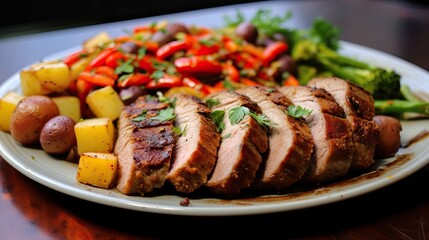 Close up of some Pieces of Meat over an Illuminated Surface. Meat mixed with various Vegetables. Coloful Composit.