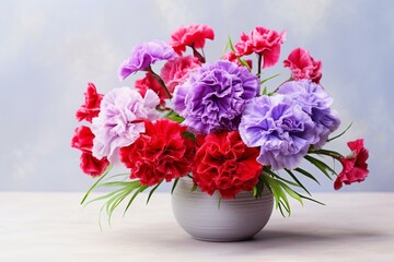 Red and violet carnations on bright background. Generative AI
