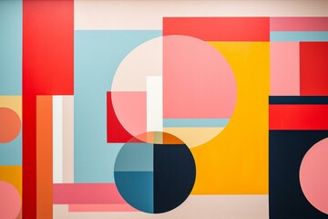 Abstract mural featuring geometric shapes inspired by Bauhaus design principles. Generative AI