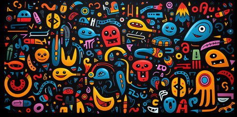 colorful 90s style doodle pattern, in the style of black background, algeapunk, flickr, abstract non-representational shapes, digitally enhanced, letras y figuras, simplified shape