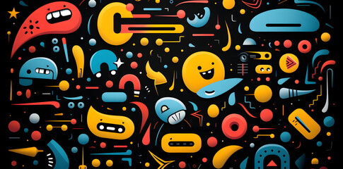 colorful 90s style doodle pattern, in the style of black background, algeapunk, flickr, abstract non-representational shapes, digitally enhanced, letras y figuras, simplified shape