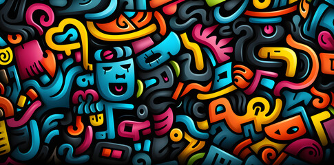 colorful 90s style doodle pattern, in the style of black background, algeapunk, flickr, abstract non-representational shapes, digitally enhanced, letras y figuras, simplified shape