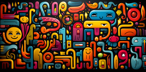 colorful 90s style doodle pattern, in the style of black background, algeapunk, flickr, abstract non-representational shapes, digitally enhanced, letras y figuras, simplified shape