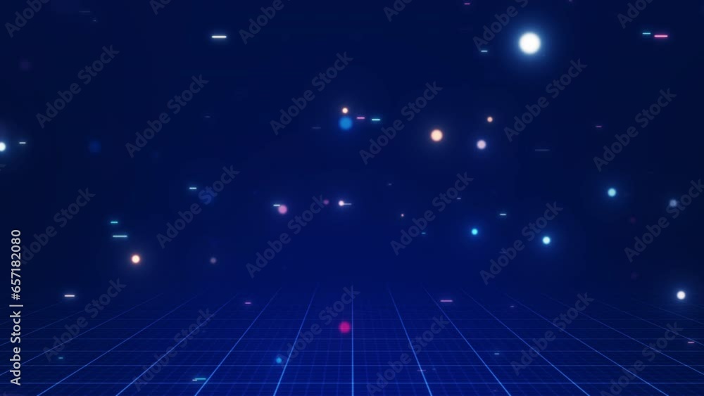 Aufkleber abstract cyber digital technology concept. grid below lines and glittering particles on a dark blue 
