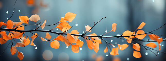 yellow autumn leaves are seen with birch branches, in the style of light cyan, bokeh, dark orange and light gray, vignetting, light sky-blue and light navy, 