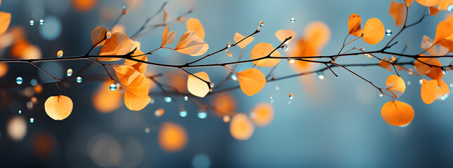yellow autumn leaves are seen with birch branches, in the style of light cyan, bokeh, dark orange and light gray, vignetting, light sky-blue and light navy, 
