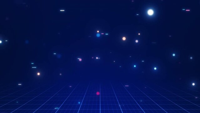 Abstract cyber digital technology concept. Grid below lines and glittering particles on a dark blue background.