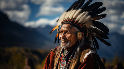 Portrait of an Adult in Traditional Indigenous Attire with a Headdress - obrazy, fototapety, plakaty