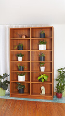 Vintage teak display bookcase. Mid-Century Modern Furniture. Interior photograph with decorative houseplants. 