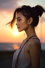 Fototapeta na wymiar Asian Model looking at Camera during the Sunset. Dark Dress.
