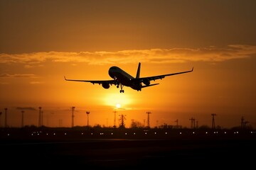 Airplane landing silhouette dawn. Generative AI
