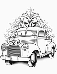 Christmas cute gift car coloring pages for kids and adult, Coloring book with vintage floral vector illustration, 