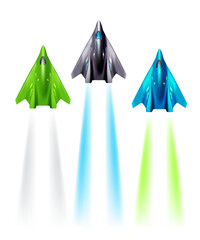 Vector set of illustration of different color flying air plane with color light on white background. 3d style design of jet air plane with flame trace