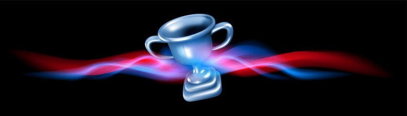 Vector illustration of silver winner cup with glow trail on black background. 3d style design of winner silver award
