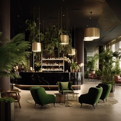 Interior Design of the Hall of a Luxurious 5 Stars Hotel full of Vegetation, Plants. Modern Design.