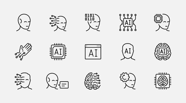 Artificial Intelligence, Cyber Implants, Robotics Vector Icon Set In Thin Line Or Outline Style