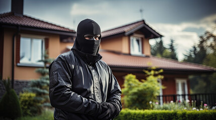 A burglar wearing black clothes and a black mask stands in front of a house - obrazy, fototapety, plakaty
