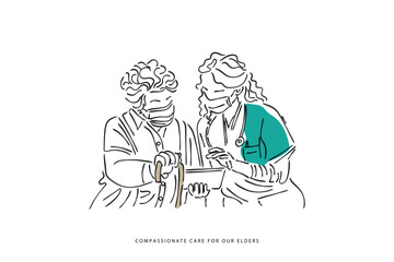 Line art vector of a medical staff helping an elderly and listening to her complaints. Elderly care. Care and medical support for older persons.