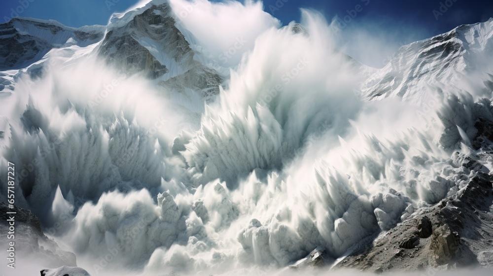 Poster a mountain covered in snow and clouds with a skier in the foreground. generative ai