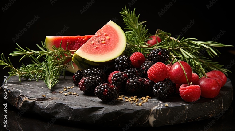 Poster a table topped with a slice of watermelon and berries. generative ai