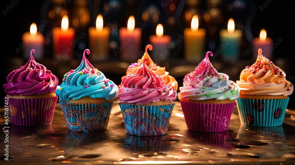 Poster a row of cupcakes with candles in the background. generative ai
