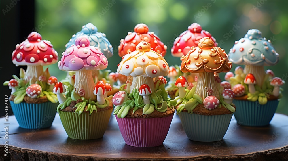 Poster a group of cupcakes with different colored toppings. generative ai