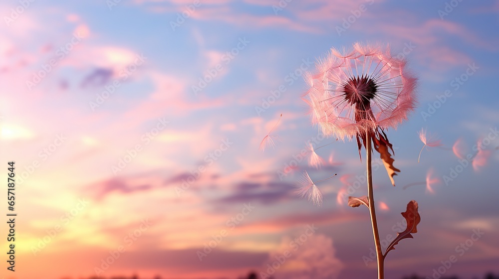 Poster a dandelion blowing in the wind with a sunset in the background. generative ai