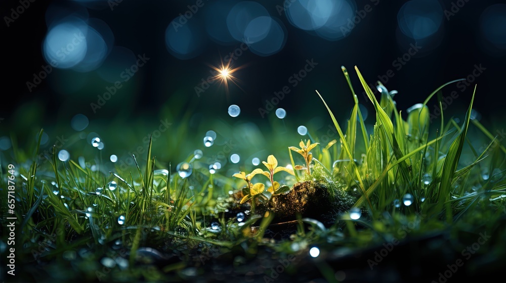 Poster a close up of a grass with dew on it and a star in the background. generative ai