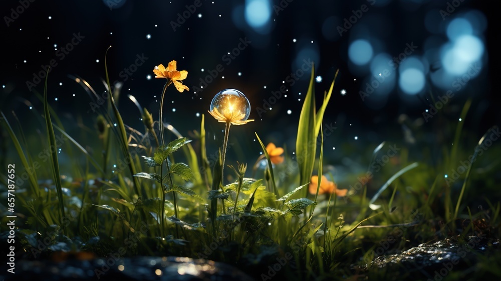 Poster a flower that is in the grass with a light on it. generative ai