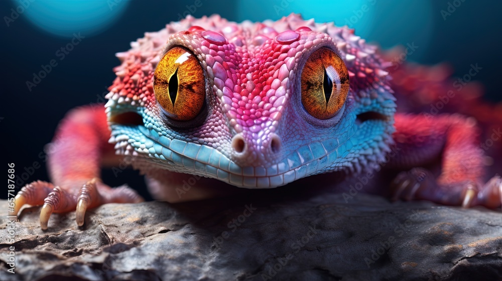 Poster a close up of a colorful lizard on a rock with a blurry background. generative ai