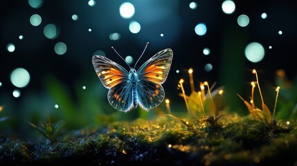 Fototapeta na wymiar a butterfly that is sitting on a mossy surface in the dark. generative ai