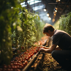 View of a young man picking red tomatoes under a green house