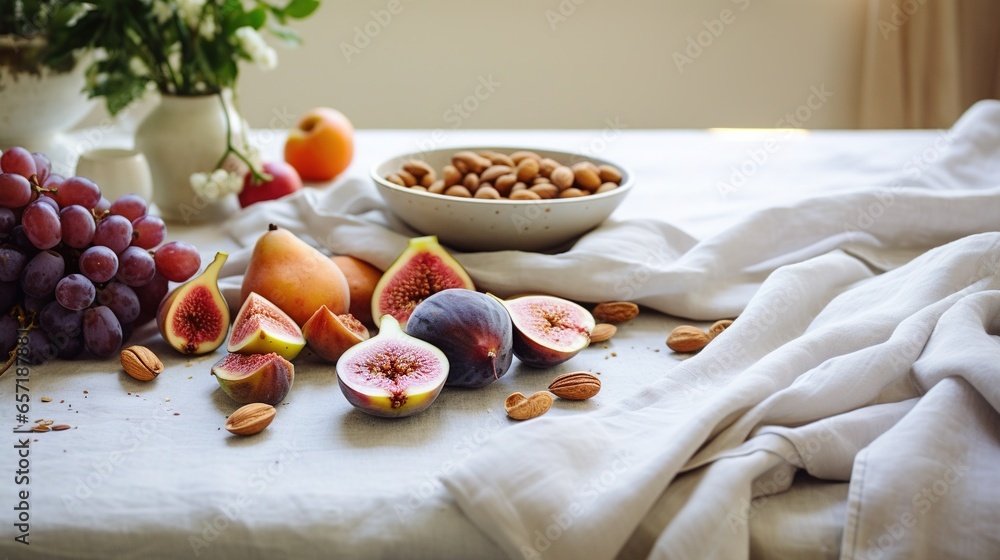 Poster a table topped with fruits and nuts next to a bowl of nuts. generative ai