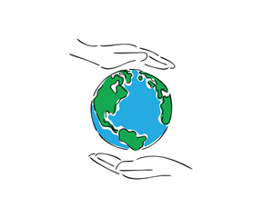 globe in hand. Line art vector of care for planet earth. Love for mother earth. Support and encourage plantation, forestation and reforestation. Combat Climate change and go green.