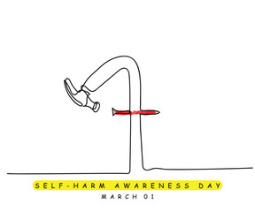 continuous line art of self harm awareness day art. Self harm awareness day is observed every year on 1st march. Psychological disorders concept art.
